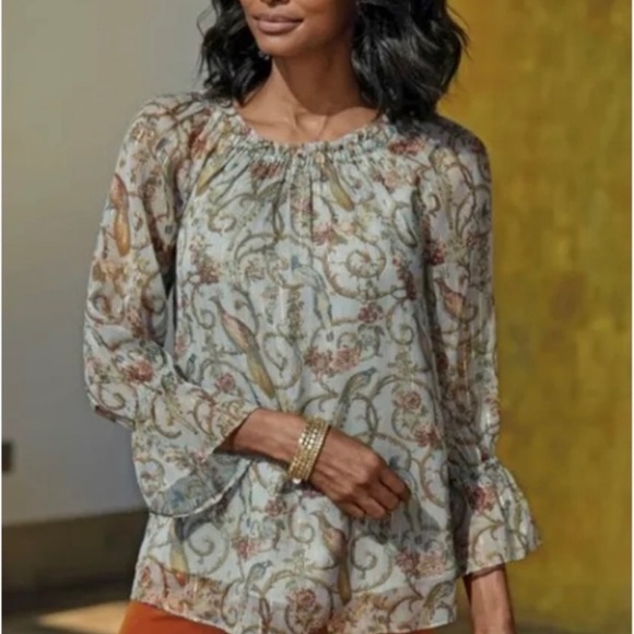 Soft Surroundings Aitana Dusty Pink Bird Floral Sheer Metallic Blouse M - Picture 1 of 10